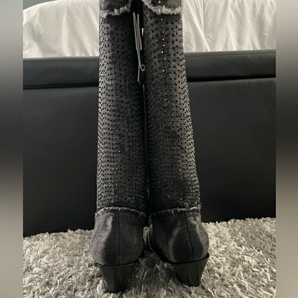 NWT Zara Rhinestone Denim Cowboy Boots - Picture 9 of 12